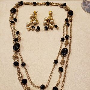 Gold 3 strand necklace /w black accent and earring